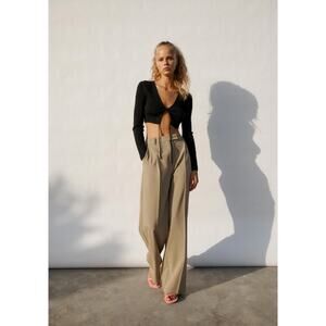 Zara Wide Leg Pants with Darts Trouser Pants Women's Size Medium in Khaki